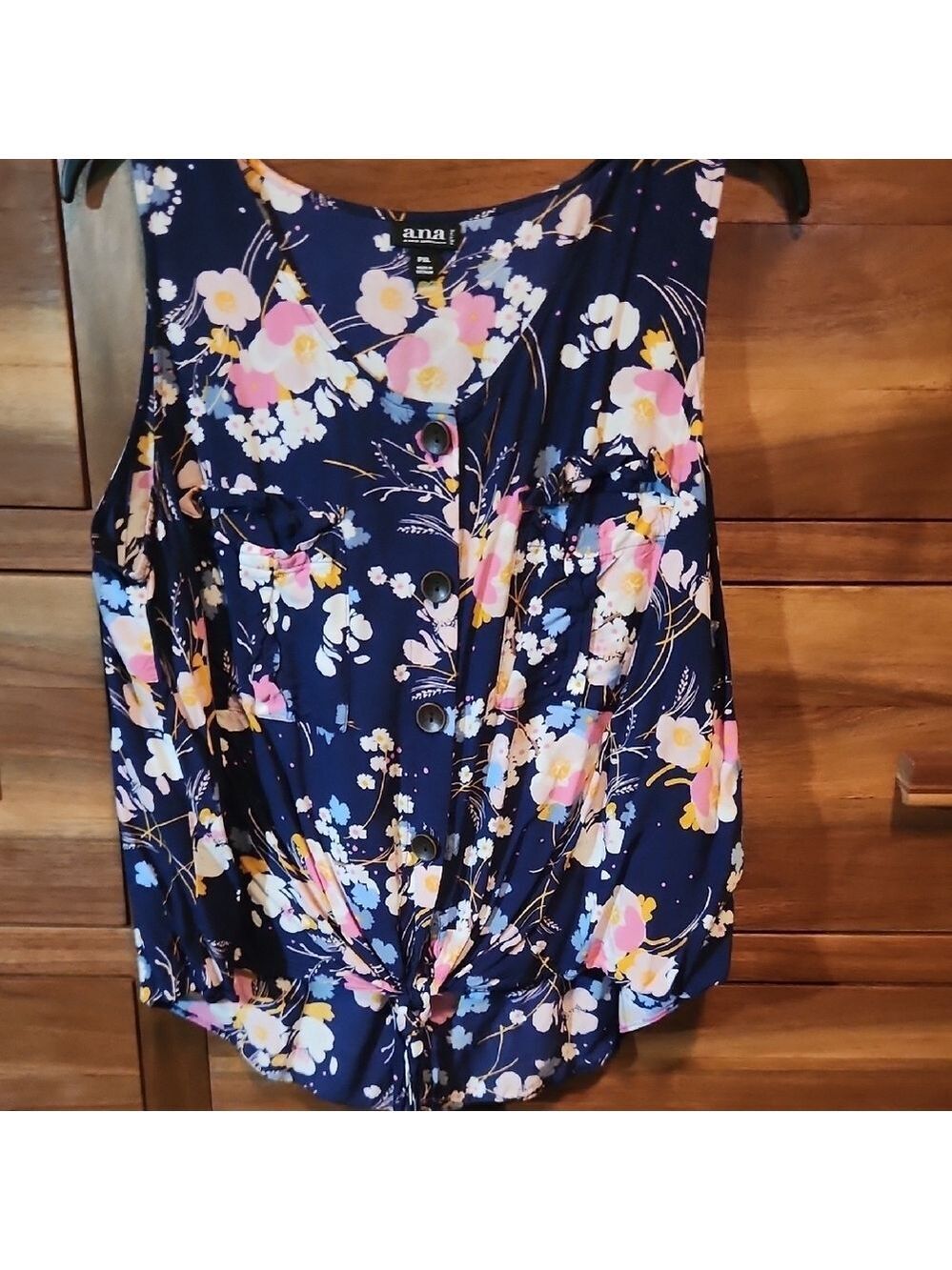 a.n.a Blue Sleeveless Buttonup Floral Flirty Ruched Blouse Casual Spring